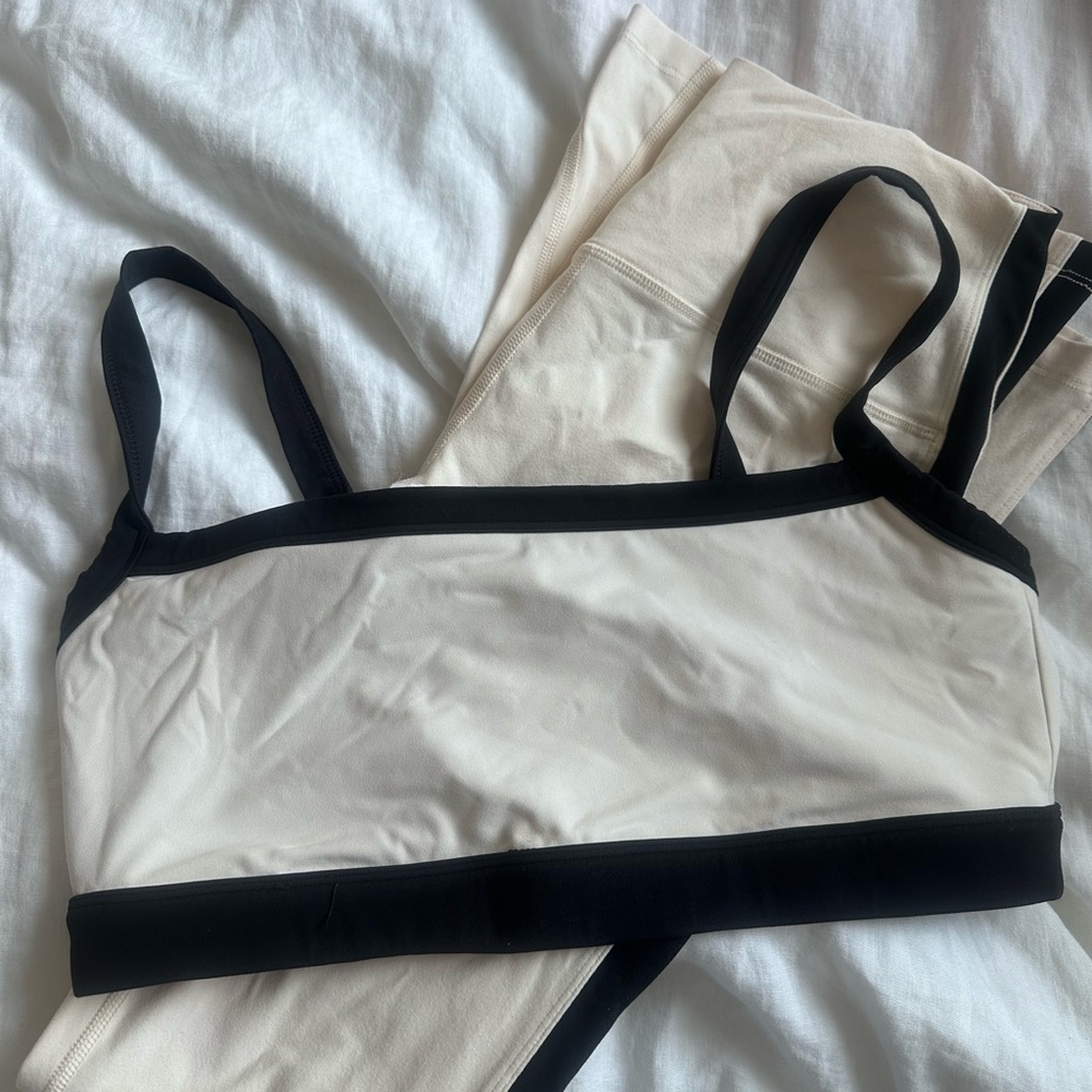 Splits59 Cream and Black Sports Bra and leggings